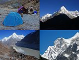 
Upper left: Pasang brings my breakfast at our campsite at Kabug, south of the terminal moraine from Tsho Rolpa. Upper right: Kang Nachugo east face just after sunrise, seen from Kabug. Lower left: The trail climbs steeply for an hour from Kabug above the Tsho Rolpa with good views back towards Kang Nachugo.. Lower right: The south peak of Gauri Shankar stuck its head above the intervening ridges on the trail from Kabug to the Trakarding Glacier.
